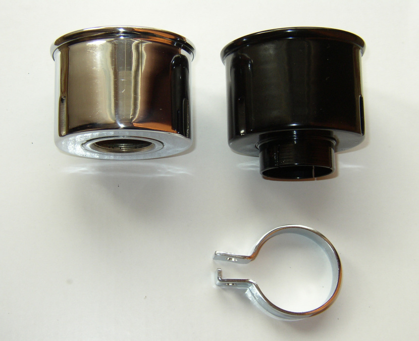 vzduchový filter JAWA 350 OHV - vľavo závitový, vpravo valcový vstup, dolu chrómovaná svorka